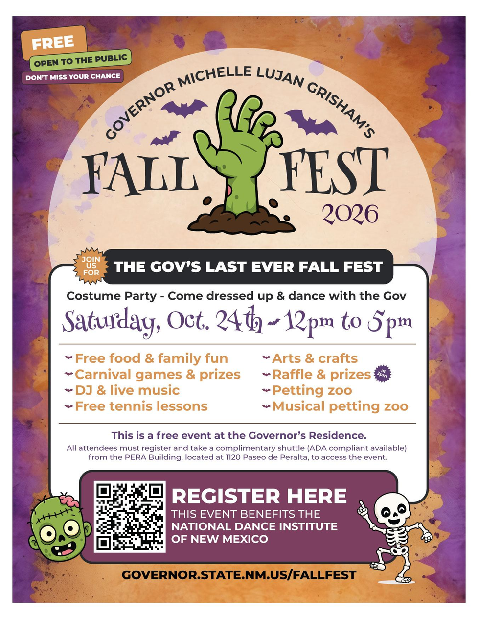 Governor Michelle Lujan Grisham's Fall Fest flyer: October 24, 2026, noon to 5:00 p.m., a free costume party in Santa Fe. Register here.
